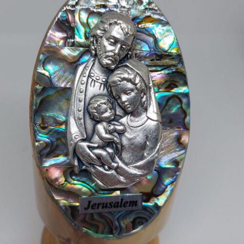 Mother of pearl handmade holy family with olivewood stand